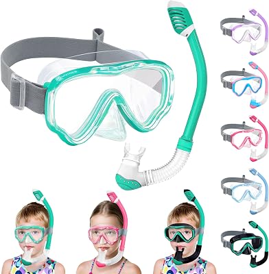 Vvinca Snorkel Set for Kids 3-14, Dry Top Snorkeling Gear for Boys Girls Youth, Panoramic View Swim Goggles with Nose Cover & Anti-Fog Lens, Junior Scuba Diving Mask with Adjustable Soft Fabric Strap