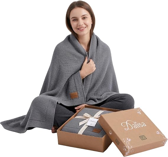 Dalisa 100% Organic Cotton Knitted Blanket – GOTS Certified, Boho Vintage Style (Anthracite, 130x150 cm) in Sofa, Bed and Home Decoration with its Lightweight, Breathable and Comfortable Structure