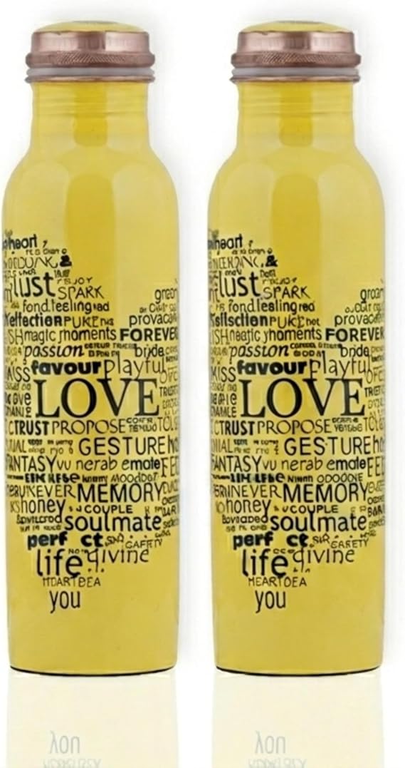 Craft Trade Pack of 2 Printed Pure Copper Bottle with Lid Leak Proof BPA Free Drinking Water Bottle for Boosts Immunity, Supports Digestive & Ayurveda Inspired 34oz - 1 Litre Yellow
