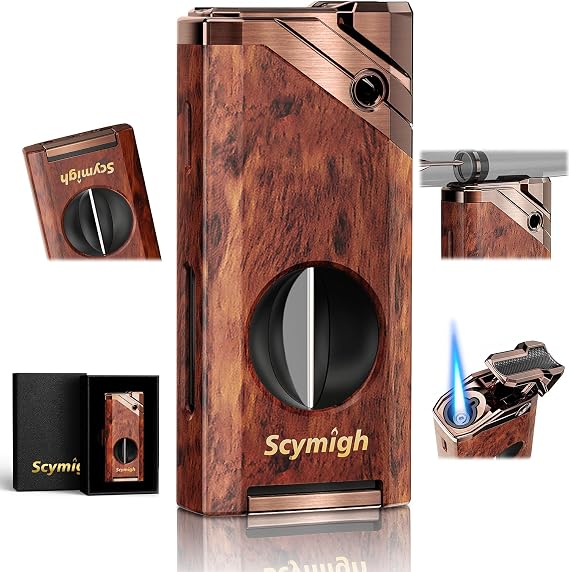 All in One Torch Lighter with V-Notch Tool and Holder, Refillable Butane, Adjustable Flame, Fuel Window, Cool Lighter for Gifts, Candle, Father's Day