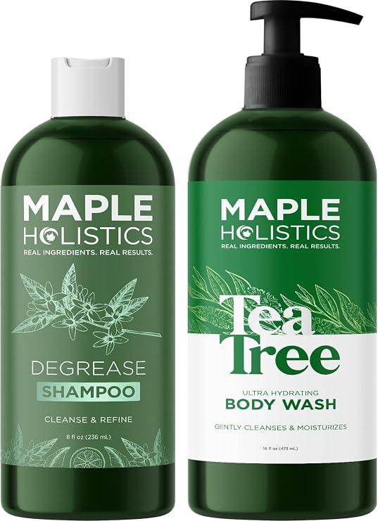 Maple Holistics Cleansing Body Wash and Shampoo Set - Sulfate Free Degrease Shampoo for Oily Hair and Moisturizing Tea Tree Oil Body Wash for Dry Skin - Soap with Essential Oils for Skin and Hair