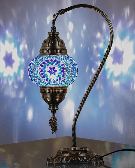 DEMMEX Turkish Moroccan Mosaic Table Lamp Handcrafted Tiffany-Style Colorful Glass Swan Neck Bedside, Desk, Table Light, Boho Artisan Accent Lighting for Bedroom or Living Room 15" H, Blue