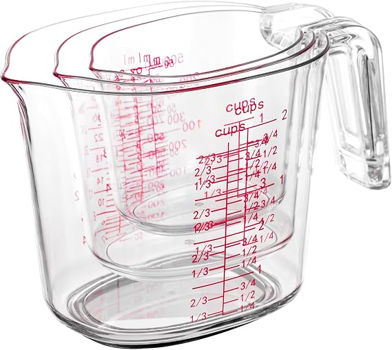 3-Piece Nesting Liquid Measuring Cups Set, Clear Plastic Measuring Jugs with Spout and Multiple Measurement Scales, 1 Cup, 2 Cup, 4 Cup for Baking and Cooking