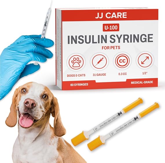Insulin Syringes for Pets (60-Pack) 31G, 3/10cc, 1/2", U-100, Half-Unit Markings Disposable Syringes for Cats & Dogs, Accurate Dosing Syringe