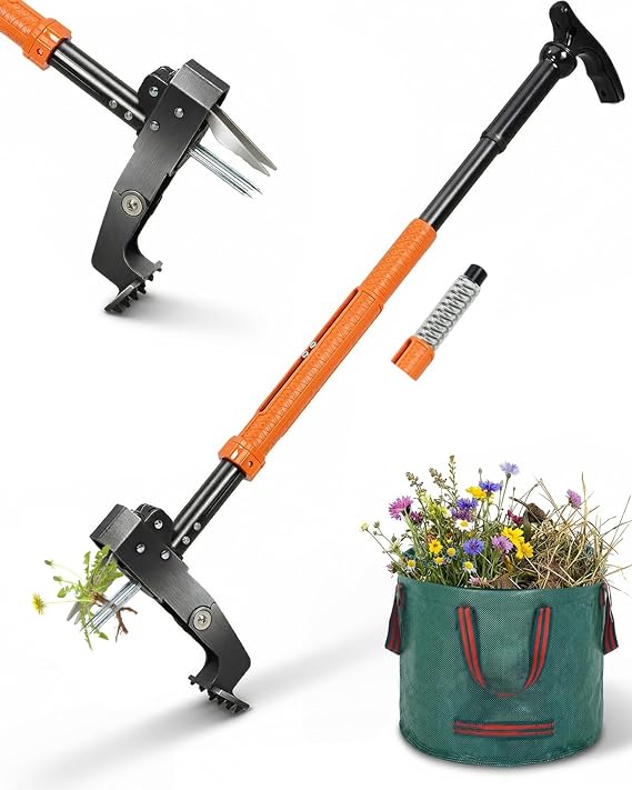 Weed Puller, Weed Remover Tool with 91-118cm Adjustable Long Handle Ejector Mechanism, Stand Up Garden Weed Root Remover 4 Claws 50L Leaf Bag, Heavy Duty Weeding Tools for Dandelion (Orange)