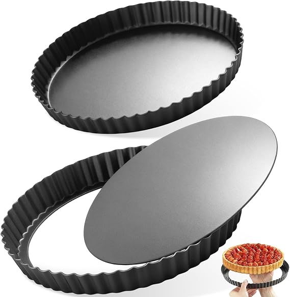 2Pcs Quiche Tins with Removable Loose Bottom, 22cm+28cm Wavy Edge Quiches Pan Non Stick Tart Tin, Carbon Steel Fluted Round Flan Dishes Deep Pie Dish Pans Gadgets for Baking Pies, Flans, Cheese