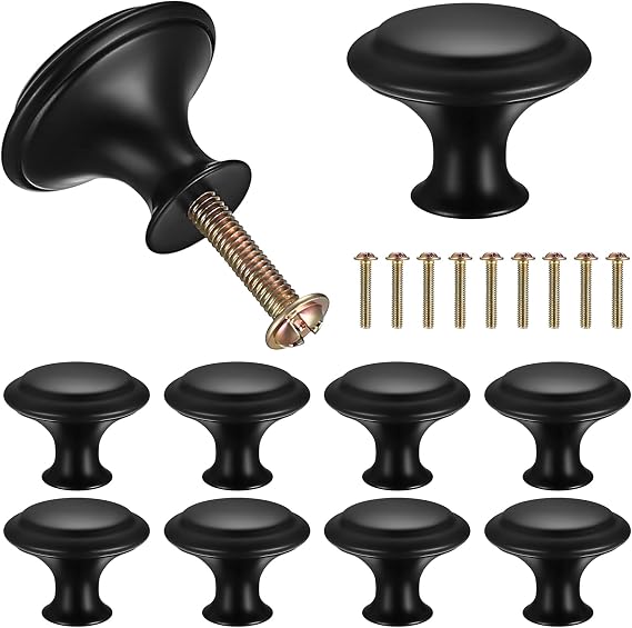 10 Pcs Modern Matte Black Cabinet Cupboard Knobs Round Drawer Handles, Durable Zinc Alloy Wardrobe Door Pulls for Kitchen, Bedroom, Furniture, Wardrobe, Cupboard, Drawers - Easy to Install (27x21mm)
