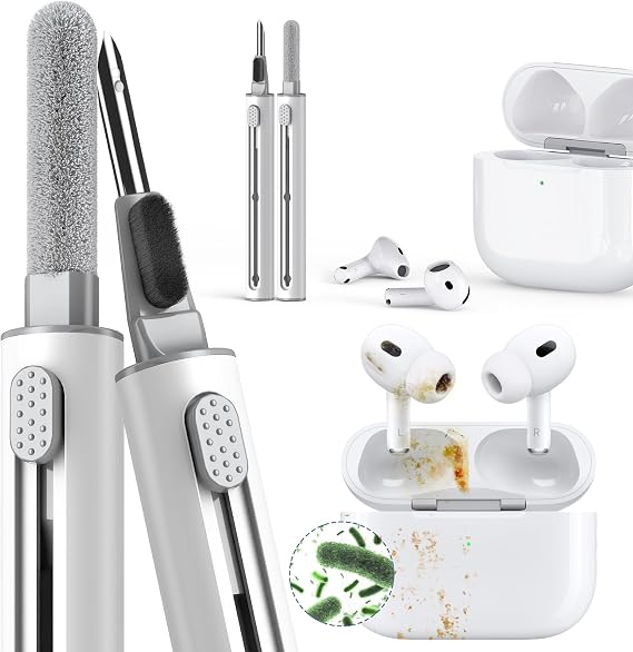 Inesore for AirPod Cleaning Kit, for Phone Earbuds Electronics (White) | Metal Tip, High-Density Soft Brush, Flocked Sponge Tip, 3 in 1 Design, Compact & Lightweight, Easy Operation, Easy to Carry