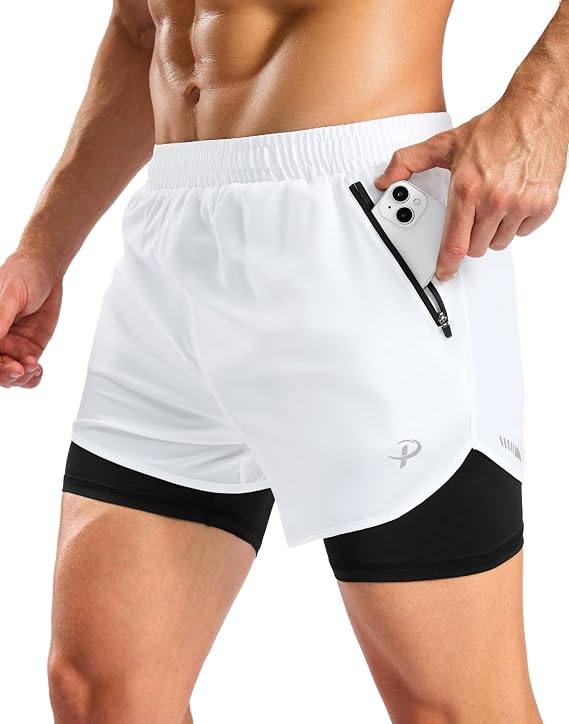 Pudolla Men's Lightweight 2 in 1 Gym Running Shorts 5" Zipper Pockets Quick Dry Workout Athletic Shorts Compression Liner
