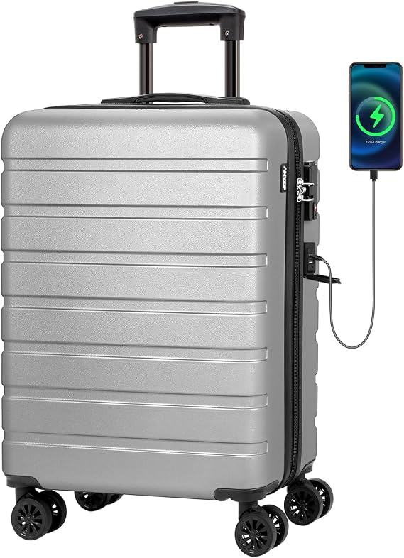 AnyZip Suitcase Hardside PC ABS Lightweight USB Luggage with Wheels TSA Lock Checked-Large Luggage 28 Inch Silver