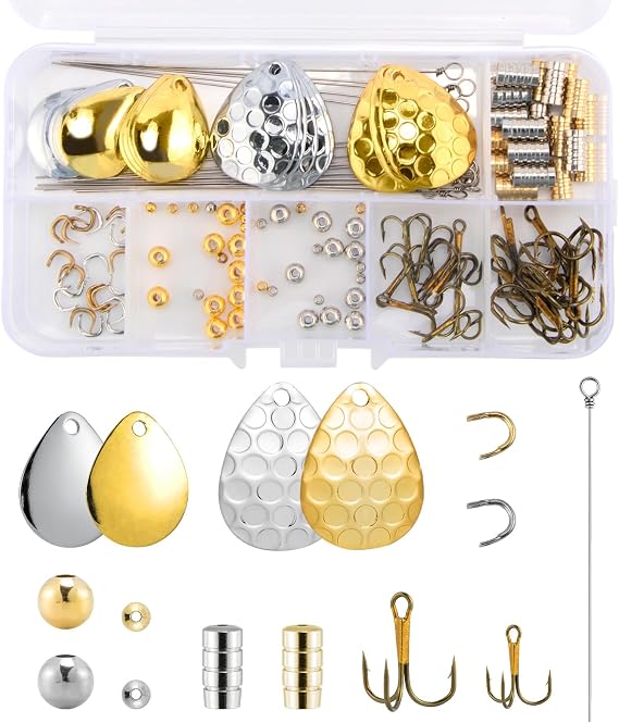 Dr.Fish 140pk Spinner Making Kit Lure Making Accessories | Complete Spinner Making Kit Includes Blades, Spinner Shafts, Treble Hooks, Clevises and Beads for DIY Lure Building