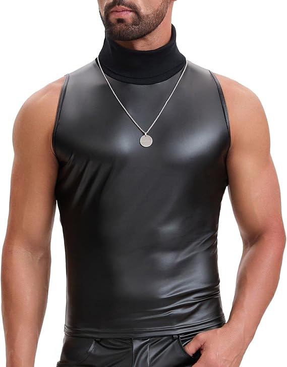 Mens Shiny Leather Turtleneck Tank Top, Soft Leather Pullover Shirt