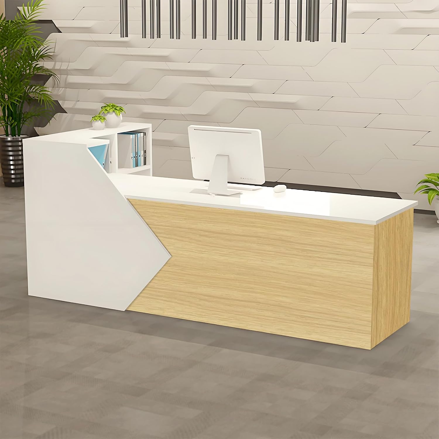 Modern L-Shaped Reception Desk with Storage Shelves and Cabinet, Wooden Front Counter Table for Office, Salon, Boutique – Multiple Sizes & Colors