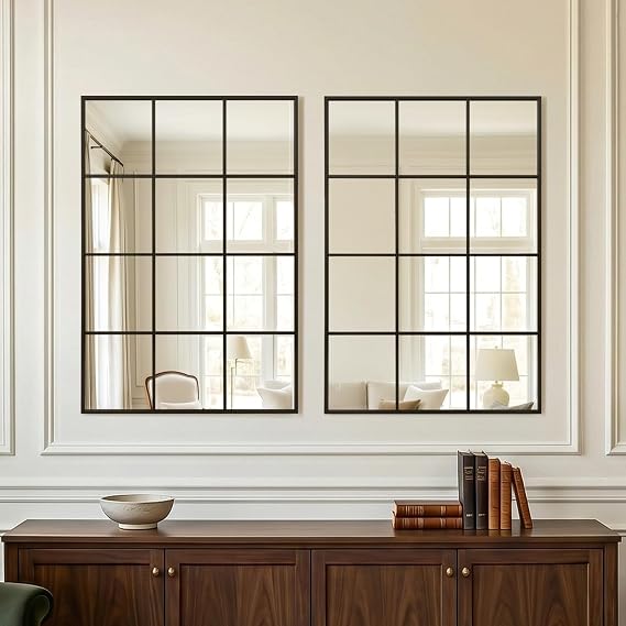 Windowpane Wall Mirror 40"x30" Black Wall Mounted Art Pane Mirror Farmhouse Decorative Mirror Leaning Hanging Wall Mirror for Bedroom Living Room Entrance Hallway Wall Decor,2PCS