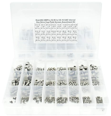 480Pcs #2-56 to 3/8-16 SAE Internal Hex Drive Cup-Point Screws Assortment Kit, 24 Kinds 304-Stainless Steel Hex Allen Head Socket Set Grub Screw Bolts