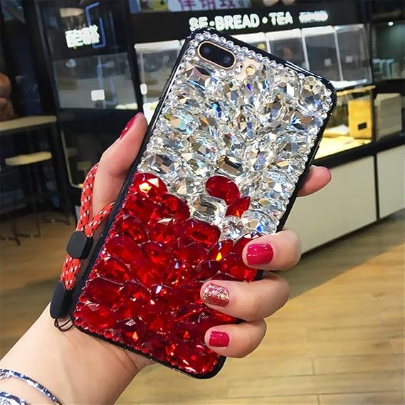 Case for BlackBerry KEY2,Luxury 3D Handmade Sparkle Stunning Stones Crystal Rhinestone Bling Full Diamond Gemstone Glitter Case for BlackBerry Key2/BlackBerry KEYtwo(B White/Red)