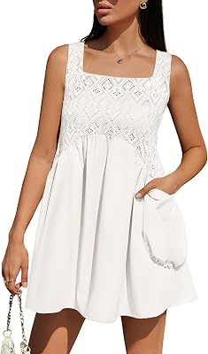BeryLove Women Sleeveless Mini Dress Casual Square Neck Flowy Sundress Loose Beach Babydoll Dresses with Pockets White XL
