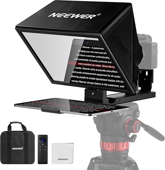 NEEWER Basics X12B Aluminum Alloy Teleprompter 12" for iPad Tablet DSLR Camera, Bluetooth, No Assembly, Remote & App Control, Compatible with iOS Android, Black, for Streaming