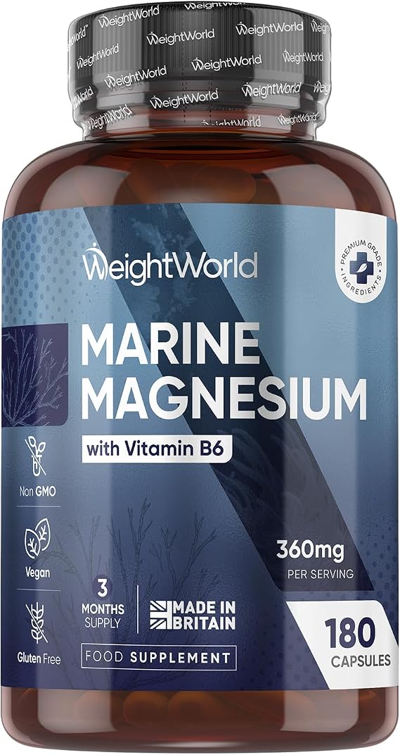 Magnesium Supplements - 180 Vegan Capsules - 3 Months Supply - 360mg | With Vitamin B6 - Gluten-Free, Non-GMO & GMP-Approved - Marine Magnesium Supplements - Made in the UK