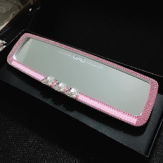 Bling Car Accessories for Women Car Rear View Mirror with Crystal Diamond (Pink Mirror)