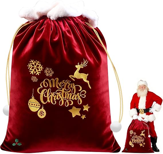 DTNESS 27x40 Inch Large Santa Gift Sack, Heavy Duty Red Velvet Christmas Bag with Drawstring Extra Large Xmas Gift Bags, Oversized Gift Bag with Reindeer Snowflake for Present Favors & Xmas Supplies