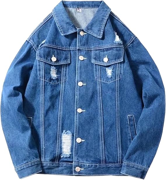 Men's Distressed Slim Fit Denim Jackets Ripped Vintage Destroyed Skinny Trucker Jean Jackets Trendy for Men