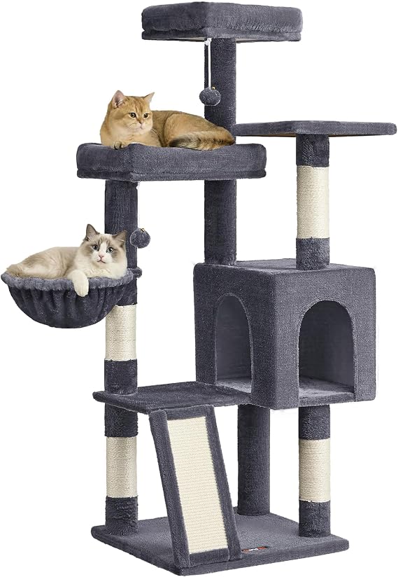 Feandrea Cat Tree, Cat Tower Condo with Scratching Posts and Ramp, 3 Large Beds, Cave, Basket, 2 Pompoms, 136 cm Tall, Dark Grey PCT012GS01