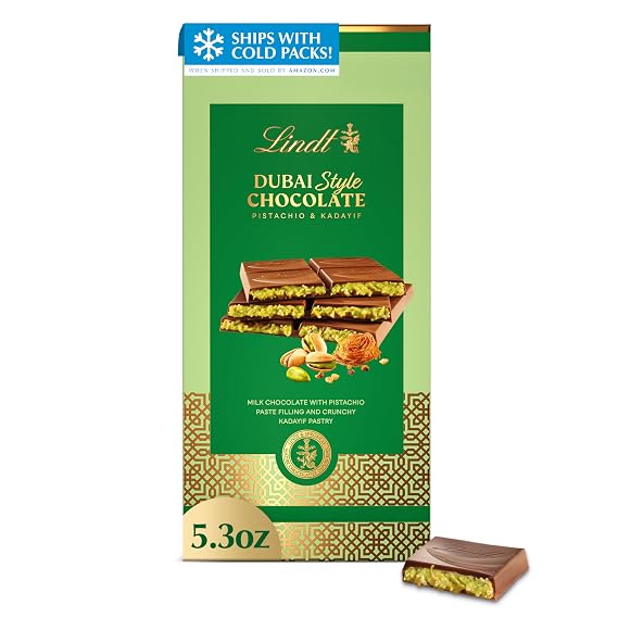 Lindt Dubai Style Milk Chocolate Candy w/Pistachio & Kadayif, 5.3 oz. Bar
