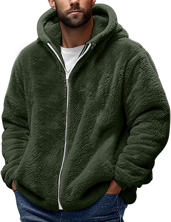 Men's Fuzzy Sherpa Athletic Hoodie Heavyweight Fleece Jacket Zip Up Hooded Sweatshirt Sports Coat