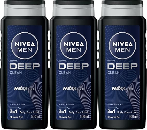Nivea MEN Men's Deep Dimension Bath and Shower Gel 500ml, 3 in 1 Complete Care, Body Hair Face