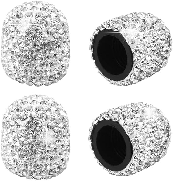 4 Pack Bling Valve Stem Caps, White Rhinestone, for Schrader Valves