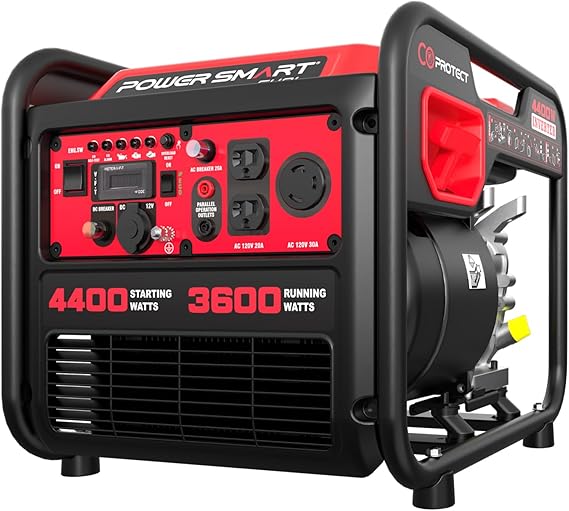 PowerSmart 4400 Watt Gas Powered Open Frame Inverter Generator, CO-Sensor, Lightweight for Home Use and Emergency Backup, Camping, EPA Compliant