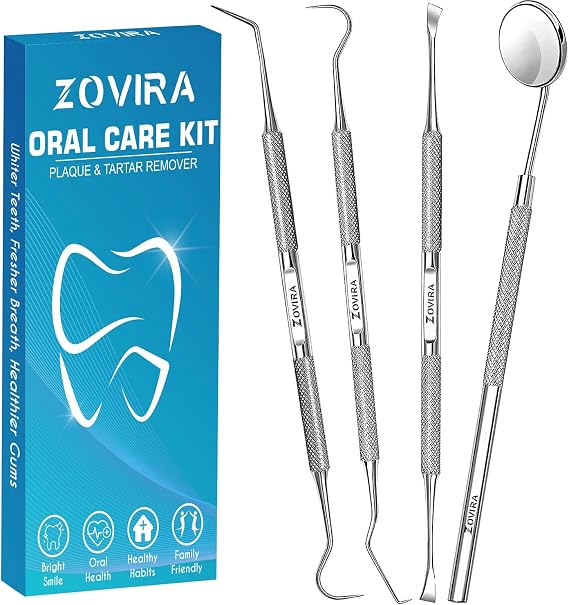 Plaque Remover for Teeth 4pc Tooth Cleaning Kit with Tartar and Calculus Removal Dental Care Set Stainless Steel Dentist Tools for Personal and Home Use