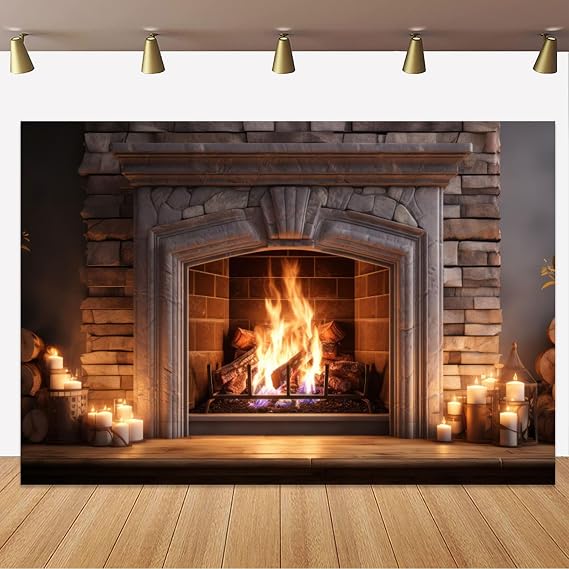 Yeele 5x3ft Christmas Fireplace Backdrop Burning Firewoods White Brick Photography Background Merry Christmas Eve Night Wall Decoration Vinyl