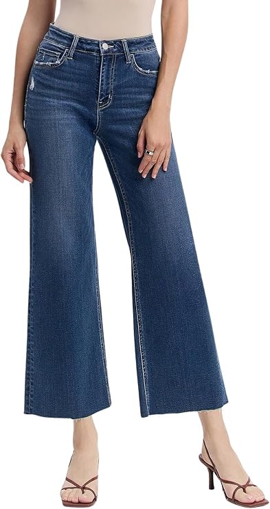 Flying Monkey Women's High-Rise Crop Clean Cut Raw Hem Wide Leg Jeans