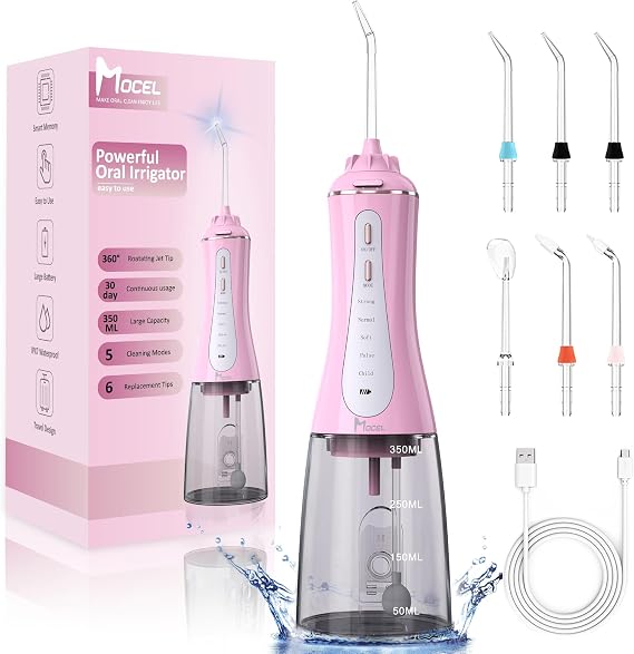 MOCEL Water Dental Flosser for Teeth - 350ML Large Tank 5 Modes & 6 Tips Cordless, Oral Irrigator Waterproof, Portable Teeth Cleaning and Flossing with Effective Plaque Remover for Adults (Pink)