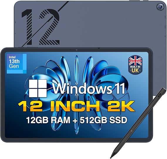 Fusion5 2026 Version 12" 2K Display Windows 11 Tablet PC with Stylus Pen - Built in the UK - 12GB DDR5 RAM 512GB SSD, 13th Gen CPU, 12 inch Windows Tablet Computer, Built-in Fan, Fast Charging