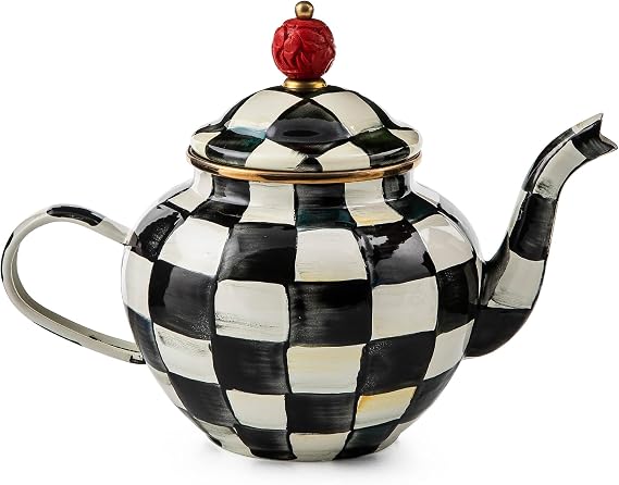 MACKENZIE-CHILDS Enamel Teapot, 4 Cups, Black-and-White Courtly Check