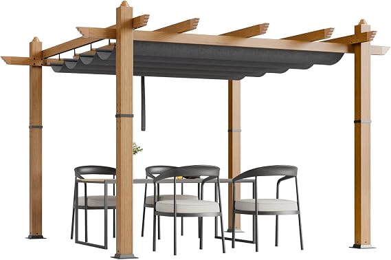 10x10 Ft Outdoor Retractable Pergola Aluminium Pergola Canopy with Adjustable Roof, Upgraded Faux Wood Grain Modern Metal Patio Pergola for Deck, Backyard Garden, Porch, Grape Trellis, Grey