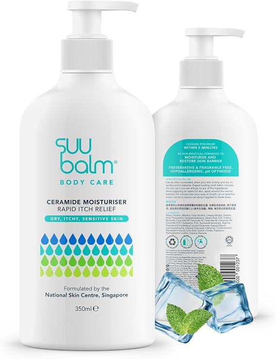 Suu Balm Fast Itching Relief Cream, Anti Itch Lotion for Sensitive Skin, Eczema, Psoriasis & Extreme, Very Severe & Dry Skin, Derm Formula, Menthol & Ceramides (350ml)