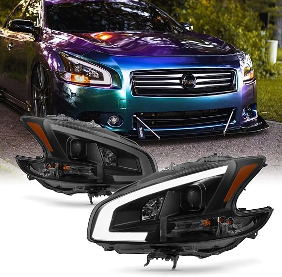 AKKON - For 2009-2014 Nissan Maxima Projector Headlights | C-Shape LED DRL Light Bar Black Housing Smoke Lens Driver And Passenger Side