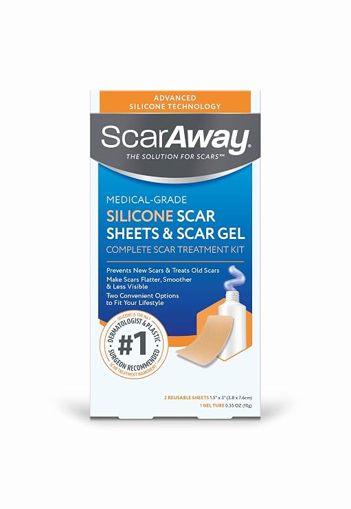 ScarAway Complete Scar Treatment Kit, 2 Reusable Fabric Sheets & 1 Gel Tube | Medical Grade Silicone, For Hypertrophic & Keloid Scars, 0.35oz Gel Tube & 2 Reusable Fabric Sheets, Water-Resistant Gel