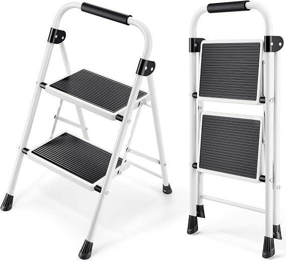 KINGRACK 2 Step Ladder, Folding Step Stool with Anti-Slip and Wide Pedal, Lightweight Stepladder with Handrails, Portable for Kitchen, Household, 330LBS, White