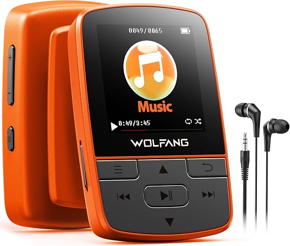 WOLFANG MP3 Players with Bluetooth 5.2, Sports Clip, Mini Size, Weigh 1 oz, HiF FM Radio, Voice Recorder, Earphones Included, Orange
