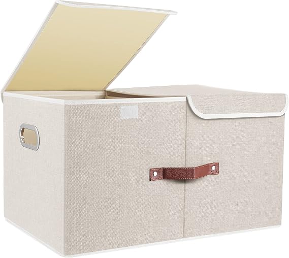 TYEERS Extra Large Storage Box with Lids and Compartments, Collapsible, Washable, Fabric Box with Lid for Clothes, Wardrobe Storage, 55x33x30 cm, Set of 1, Beige