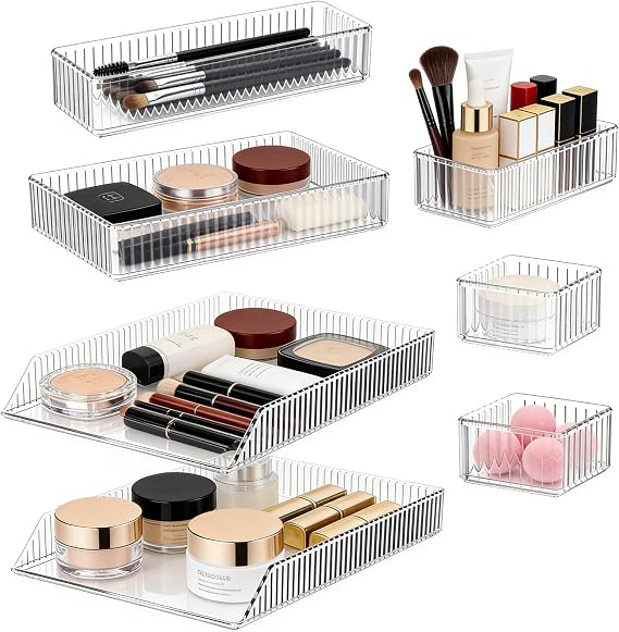 JIIKOOAI 7 PCS Clear Plastic Drawer Organizer Set, Stackable Storage Bins, Multi-Size Makeup Trays for Vanity, Desk Tidy, Kitchen, Drawer Storage Containers - Home Storag
