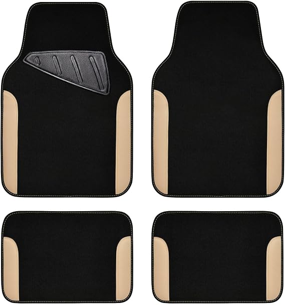 CAR PASS Waterproof Car Floor Mat, Universal Fit Car Mats with Driver Heel Pad, Leather Car Carpet, Anti-Slip Nibbed Backing Floor Mats for SUV, Vans,Sedan,Truck, Automotive Floor Mats (Black Beige)