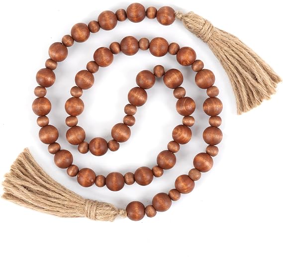 Yagoo Wood Bead Garland with Tassels, Farmhouse Rustic Decor Prayer Beads Boho Tassel Garland Decorative Beads for Home Decor (Brown)