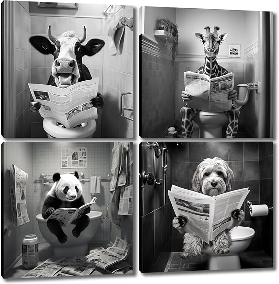 Black and White Canvas Wall Art - 4 Panels Framed Lovely Animals Reading Newspaper in the Bathroom Canvas Painting Cute Cow Deer Panda and Dog Pictures Wall Decoration for Restroom WC 12x12 inches