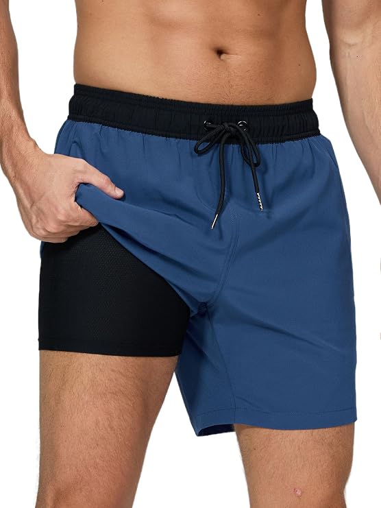 Arcweg Men's Swim Trunks Mens Swimming Shorts with Compression Liner Quick Dry Stretchy 2 in 1 Board Shorts with Zipper Pockets